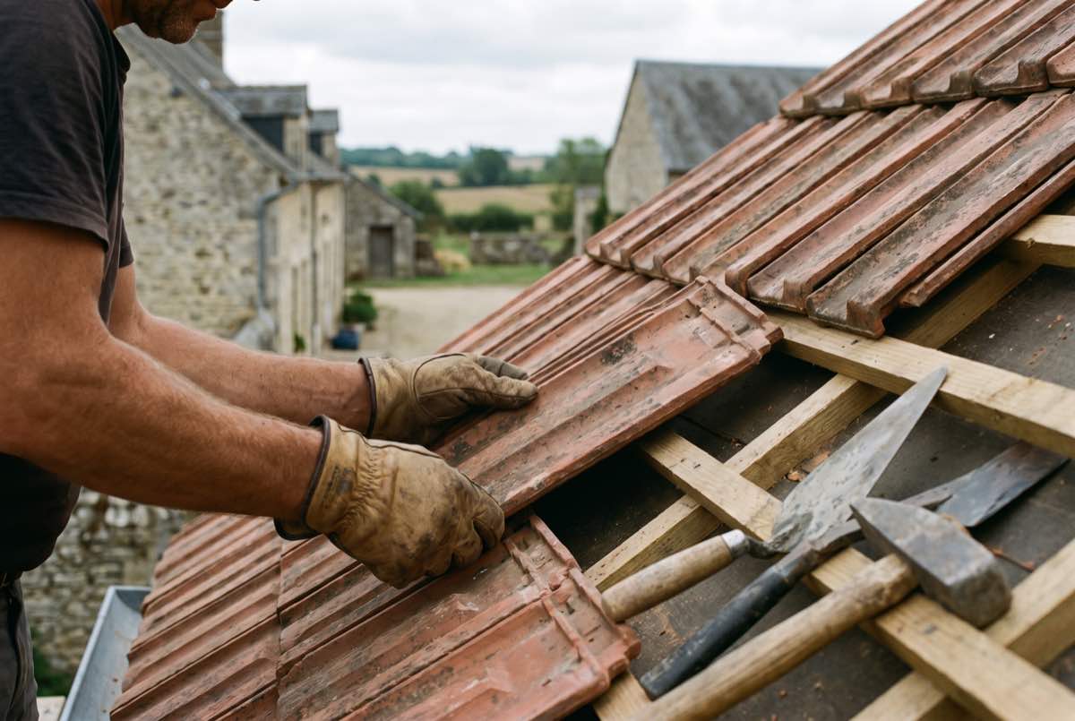 Abergement de cheminée en zinc sur toiture en tuile, Bayeux