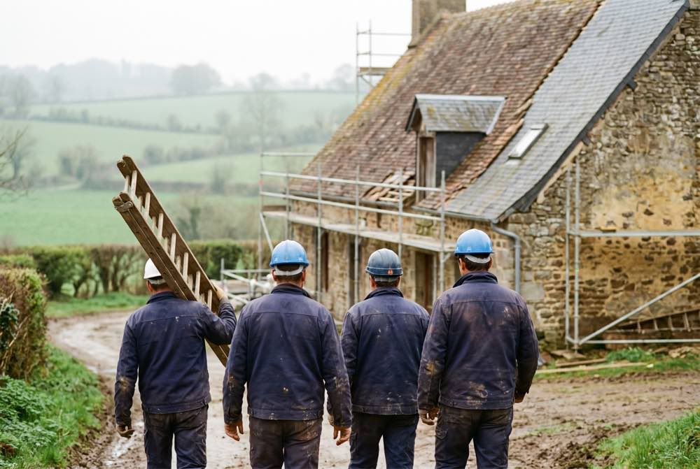 L'équipe de Toitures Lemoine de dos sur un chantier de toiture dans le Bessin