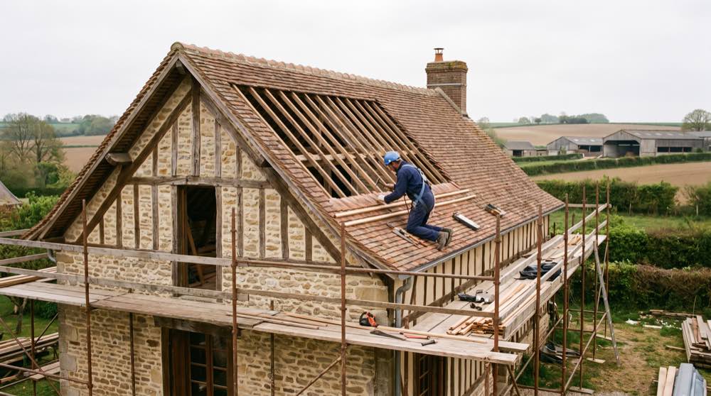 Liteaux et écran sous-toiture posés lors d'une réfection avec isolation
